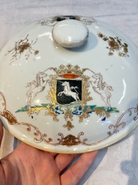 A Chinese famille rose armorial tureen and cover with the arms of van Beeftingh for the Dutch market, Qianlong