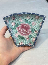 A rare Chinese enamelled Yixing stoneware nine-piece 'peonies' sweetmeat set, 19th C.