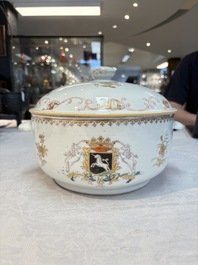 A Chinese famille rose armorial tureen and cover with the arms of van Beeftingh for the Dutch market, Qianlong