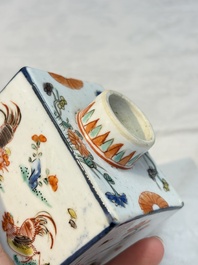 A pair of Chinese famille verte rectangular tea caddies and covers with fighting roosters, Kangxi