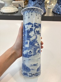 A Chinese blue and white garniture of five vases with landscape design, 19th C.