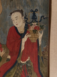 Two Chinese schools: 'Lan Caihe 蓝采和' and 'Lu Dongbin 吕洞宾', ink and colour on silk, 19th C.