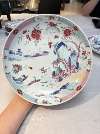 Four Chinese famille rose 'riverscape' plates and five 'flower basket' plates, Qianlong