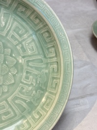 Three Chinese celadon-glazed plates with floral anhua design, 18/19th C.