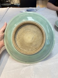 Three Chinese celadon-glazed plates with floral anhua design, 18/19th C.