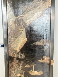 A Chinese Coromandel lacquered four-panel folding screen with mountainous landscapes, 17/18th C.