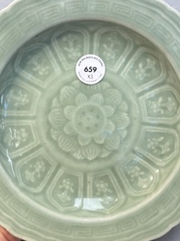Three Chinese celadon-glazed plates with floral anhua design, 18/19th C.