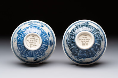 A pair of reticulated Chinese blue and white 'Hatcher Cargo' shipwreck bowls, Transitional period