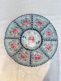 A rare Chinese enamelled Yixing stoneware nine-piece 'peonies' sweetmeat set, 19th C.