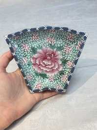 A rare Chinese enamelled Yixing stoneware nine-piece 'peonies' sweetmeat set, 19th C.