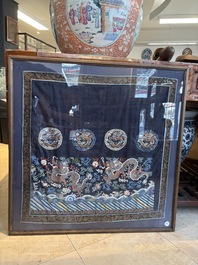 A fine Chinese kesi square 'dragon' panel and two silk embroideries with floral design, 19th C.