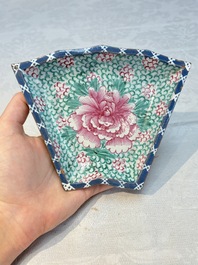 A rare Chinese enamelled Yixing stoneware nine-piece 'peonies' sweetmeat set, 19th C.