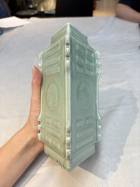 A Chinese celadon-glazed lozenge-shaped 'cong' vase, 19th C.