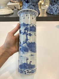 A Chinese blue and white garniture of five vases with landscape design, 19th C.
