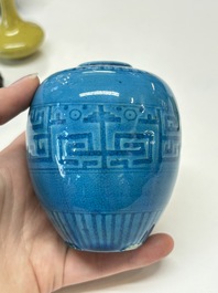 Three Chinese yellow-glazed vases and two turquoise-glazed vases, 19th C.