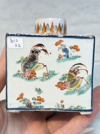 A pair of Chinese famille verte rectangular tea caddies and covers with fighting roosters, Kangxi
