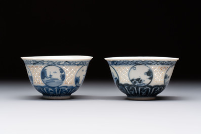 A pair of reticulated Chinese blue and white 'Hatcher Cargo' shipwreck bowls, Transitional period