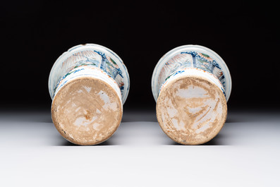 A pair of unusual polychrome Dutch Delft Kangxi-style chinoiserie beaker vases, early 18th C.