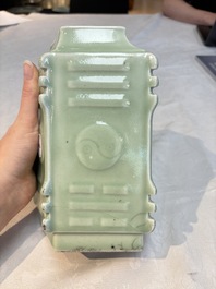 A Chinese celadon-glazed lozenge-shaped 'cong' vase, 19th C.