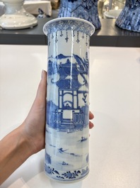 A Chinese blue and white garniture of five vases with landscape design, 19th C.