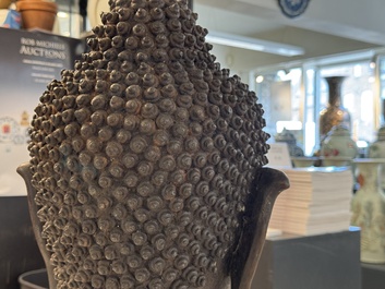 A large Thai bronze Buddha head, Sukhothai period, 15th C.