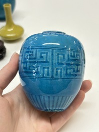 Three Chinese yellow-glazed vases and two turquoise-glazed vases, 19th C.