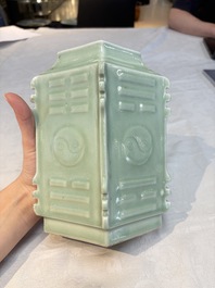 A Chinese celadon-glazed lozenge-shaped 'cong' vase, 19th C.