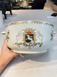A Chinese famille rose armorial tureen and cover with the arms of van Beeftingh for the Dutch market, Qianlong