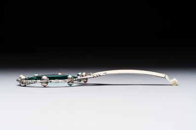 A Chinese silver-mounted magnifying glass with jade handle and precious stone inlays, 19th C.