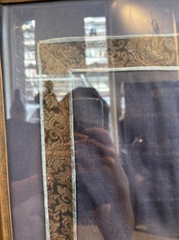A fine Chinese kesi square 'dragon' panel and two silk embroideries with floral design, 19th C.