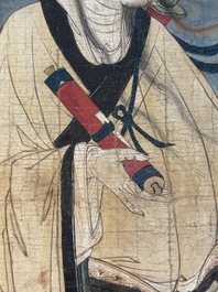 Two Chinese schools: 'Lan Caihe 蓝采和' and 'Lu Dongbin 吕洞宾', ink and colour on silk, 19th C.