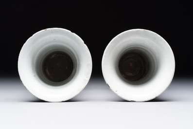 A pair of unusual polychrome Dutch Delft Kangxi-style chinoiserie beaker vases, early 18th C.