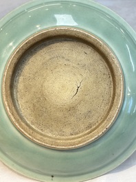 Three Chinese celadon-glazed plates with floral anhua design, 18/19th C.