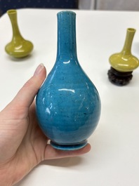 Three Chinese yellow-glazed vases and two turquoise-glazed vases, 19th C.