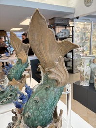 A pair of large Chinese polychrome-glazed fish-form roof tiles, 19th C.