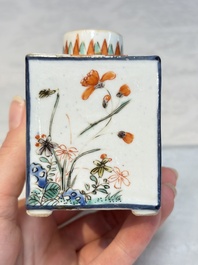 A pair of Chinese famille verte rectangular tea caddies and covers with fighting roosters, Kangxi