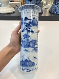 A Chinese blue and white garniture of five vases with landscape design, 19th C.
