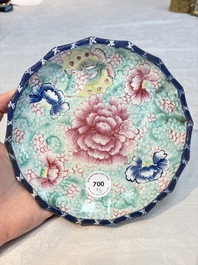 A rare Chinese enamelled Yixing stoneware nine-piece 'peonies' sweetmeat set, 19th C.