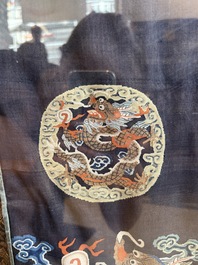 A fine Chinese kesi square 'dragon' panel and two silk embroideries with floral design, 19th C.