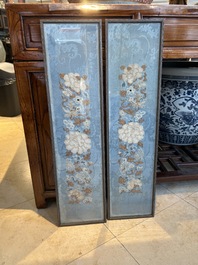 A fine Chinese kesi square 'dragon' panel and two silk embroideries with floral design, 19th C.