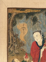 Two Chinese schools: 'Lan Caihe 蓝采和' and 'Lu Dongbin 吕洞宾', ink and colour on silk, 19th C.