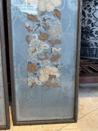 A fine Chinese kesi square 'dragon' panel and two silk embroideries with floral design, 19th C.