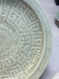 Three Chinese celadon-glazed plates with floral anhua design, 18/19th C.