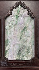 Four Chinese lavender and green jadeite 'Fu Lu Shou Quan 福祿壽全' plaques mounted in a hongmu frame, 19th/20th C.