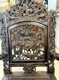 A pair of Chinese finely carved hongmu armchairs, Canton, 19th C.