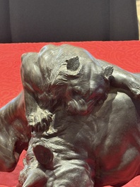 A Japanese bronze okimono of a tiger and a bull, signed Sano Takachika 佐野隆親, Meiji, 19th C.