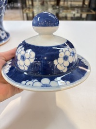 A pair of Chinese blue and white covered vases with floral design, 19th C.