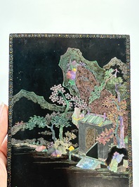 A pair of Chinese laque burgaut&eacute; plaques with figures in landscapes and poems, Qing