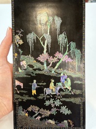 A pair of Chinese laque burgaut&eacute; plaques with figures in landscapes and poems, Qing