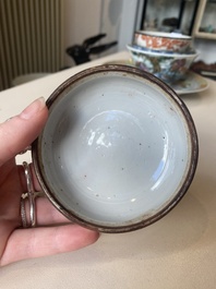 A varied collection of six Chinese blue, white, famille rose and iron-red wares, 19/20th C.